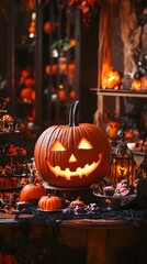 Obraz premium Trick or treat party and Pumpkin Jack-O-Lantern surrounded by halloween decor
