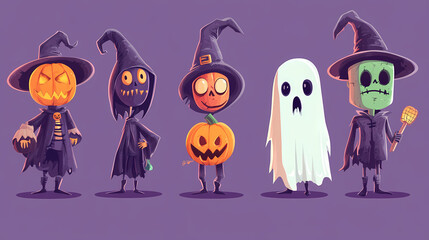 Halloween characters horror vector set design. Halloween character like grim reaper, ghost, pumpkin and Frankenstein.