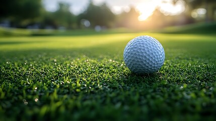 Obraz premium Close-up of a white golf ball on a green putting green with the sunset in the background.
