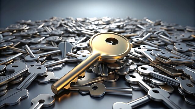 A shiny metallic three-dimensional key floats above a scattered pile of similar keys, casting a subtle shadow on a sleek modern gray background.