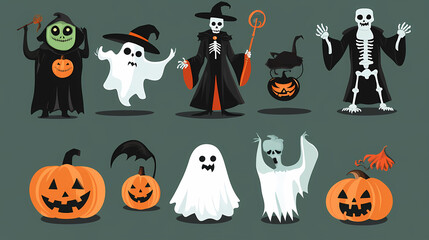 Halloween characters horror vector set design. Halloween character like grim reaper, ghost, pumpkin and Frankenstein.