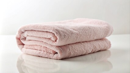A soft, pale pink towel is draped elegantly, untouched and pristine, against a clean white background, evoking feelings of serenity and relaxation.