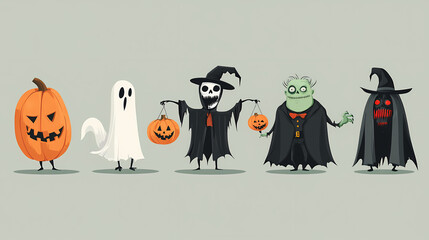 Obraz premium Halloween characters horror vector set design. Halloween character like grim reaper, ghost, pumpkin and Frankenstein.