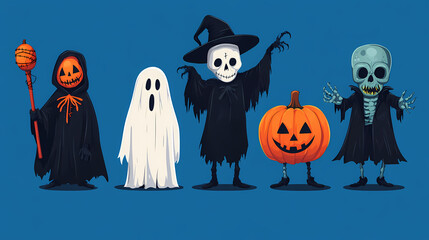 Halloween characters horror vector set design. Halloween character like grim reaper, ghost, pumpkin and Frankenstein.