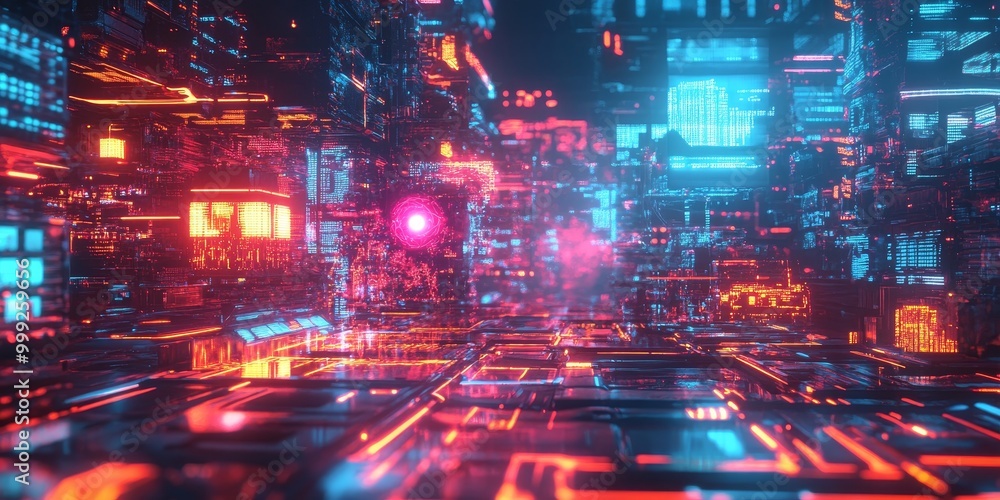 Poster A conceptual visualization of AI featuring neon-lit circuits, holographic data streams, and cyberpunk design elements in a high-tech lab.