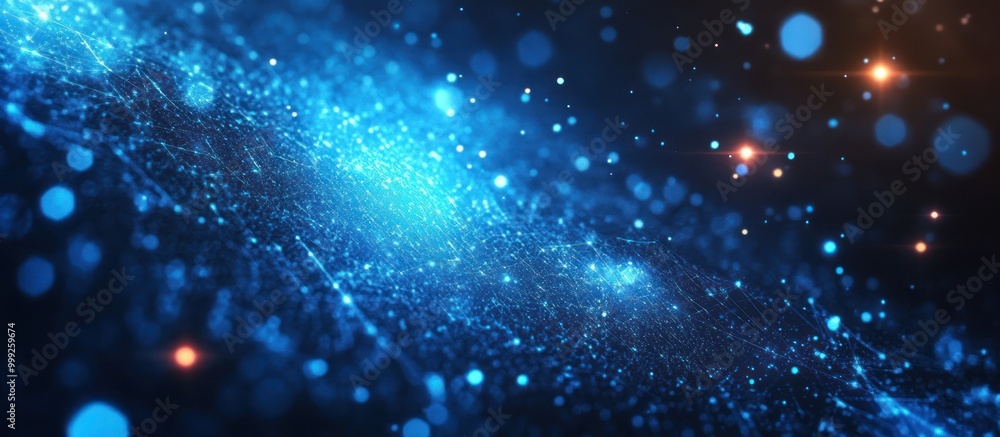 Poster abstract blue and black background with bokeh effect and particles.
