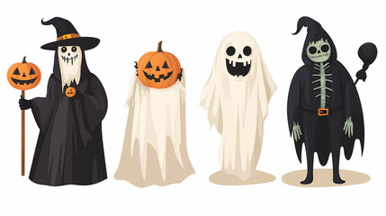 Halloween characters horror vector set design. Halloween character like grim reaper, ghost, pumpkin and Frankenstein.