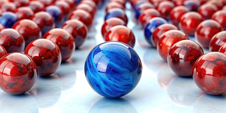 A solitary blue marble stands out among a group of red marbles arranged in a cohesive pattern on a smooth, white background.