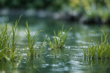 Close-up of calm green riverbank, ideal for nature, relaxation, and peaceful scenery content.
