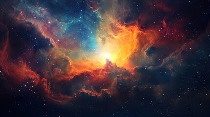 Fototapeta premium Vast colorful galaxy nebula clouds, illuminated by a supernova explosion. Starry night sky, bright stars scattered in space. Cosmic beauty.