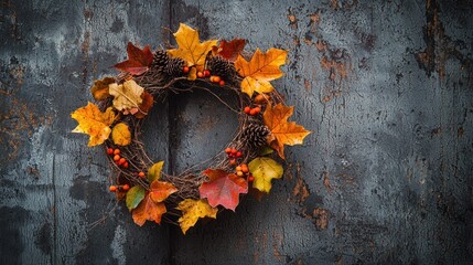 Leaf wreath with a rustic design and natural textures, ideal for home decor.