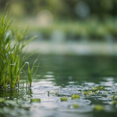 Fototapeta premium Close-up of calm green riverbank, ideal for nature, relaxation, and peaceful scenery content.