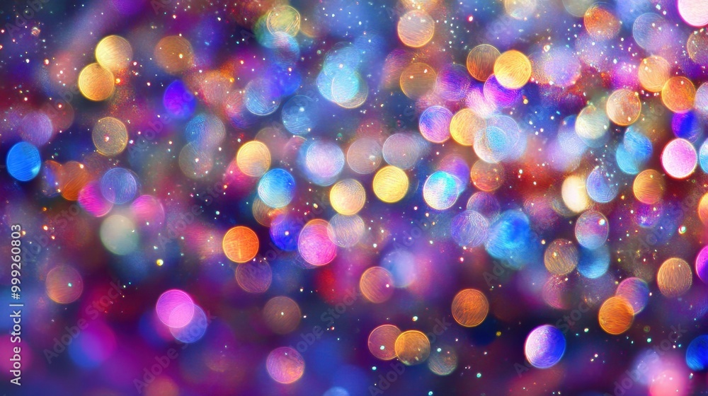 Poster vibrant abstract scattered circles with metallic textures and colorful jewel-like sparkles on a glow