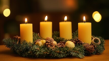 Traditional Advent wreath with four candles, representing the four weeks of Advent.