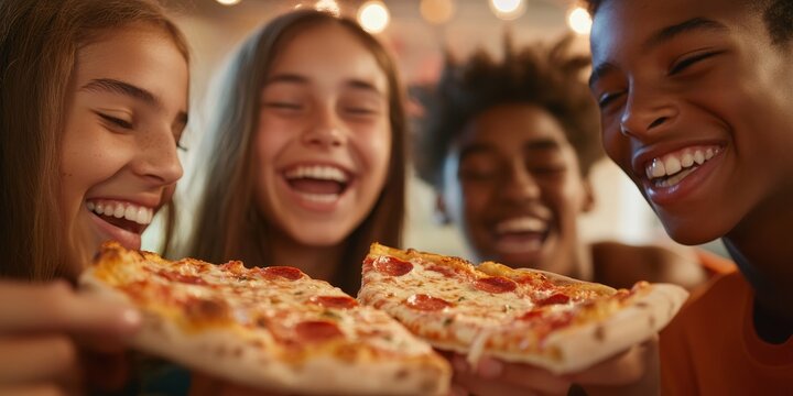 A close-up of teens sharing pizza at a party highlights their laughter and casual setting, with bright indoor lighting reflecting the fun of social activities