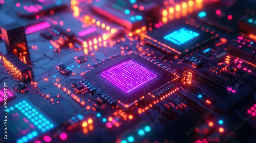 Poster vibrant circuit board with glowing cpu chips and data processors, showcasing the colorful complexity