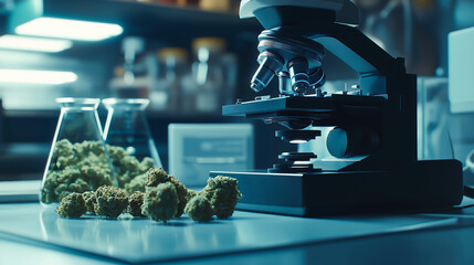 Laboratory examining and analyzing cannabis buds with advanced microscopes and equipment in laboratory