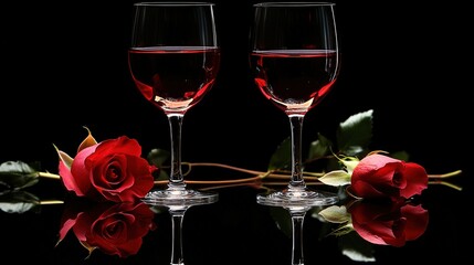Wine in glasses with a rose on black background 