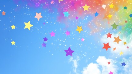 Vibrant rainbow stars dance across a blue sky, creating a cheerful and fun backdrop for a child room or creative design.