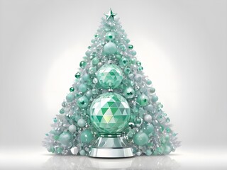 abstract a pastel Green Christmas tree decorated, crystal glass, mirror ball, disco New Year and Christmas, mosaic on white grey background
