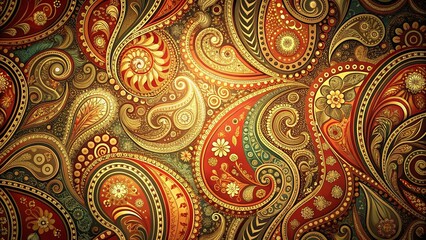 A richly textured paisley pattern in warm colors of gold, red, and brown with intricate details.