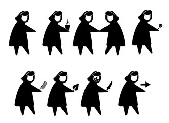 People in coats hold or give somebody hot drink, flower, leaf, knife, hairbrush. People are shaking hands. Someone in a mask threatens someone with a knife. Person showes a way to go. The set of icons