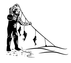 A fisher pulls out a trotline with buoy and catched fish while standing on the shore. Good fishing. Professional fishing. Black and white vector illustration.