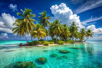 Tropical Island glows with vibrant hues, where palm trees sway gently in the breeze, and the turquoise ocean stretches towards the horizon, meeting the brilliant blue sky at a subtle curve.