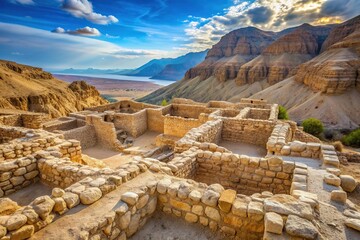 Ancient ruins of Qumran Caves near Dead Sea, Israel, where Dead Sea Scrolls were discovered, featuring rustic stone walls and arid desert landscape.