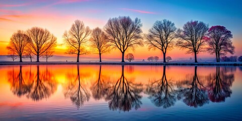 Obraz premium Silhouettes of trees stand tall against a vibrant sunrise, their reflections mirroring the fiery colors of the sky in a tranquil lake.
