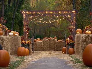 autumn harvest scene with hay bales pumpkins and festive decorations