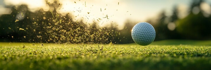 Grass divot soaring after a golf swing, dynamic motion captured against a blurred fairway and expansive sky backdrop