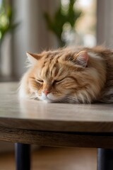 A cute tiny cat sleep in table backdrop.