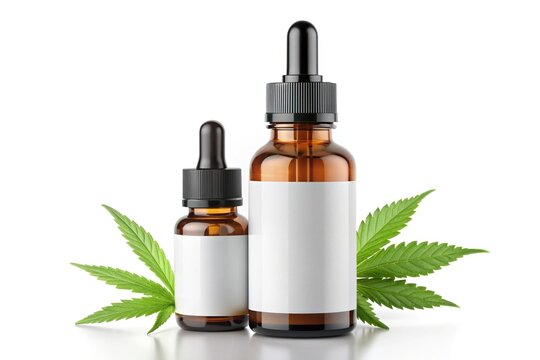 Blank CBD oil bottle with dropper and label on a white background, ready for branding and packaging, highlighting the product's natural ingredients.