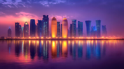 Obraz premium Skyline Reflecting in Water at Sunset