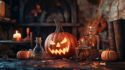 Indoor halloween decoration featuring pumpkins magical potions