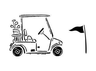 Stylized golf car and flag illustration.