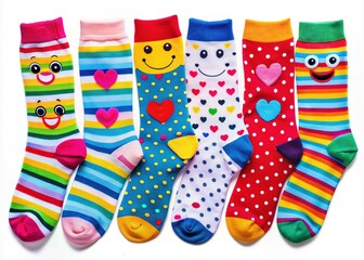 Colorful cartoon socks with smiling faces and diverse patterns, including stripes, polka dots, and hearts, forming a fun and playful icons arrangement on white background.