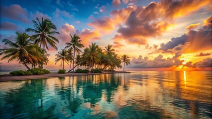 Tropical island sunrise glows with warm golden hour light, illuminating palm trees, and vibrant hues of orange and pink in the sky reflecting off the calm turquoise sea.