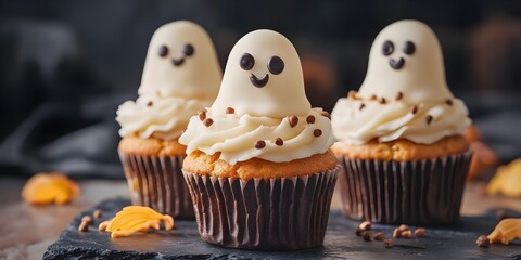 Handmade halloween ghost cupcakes on the table