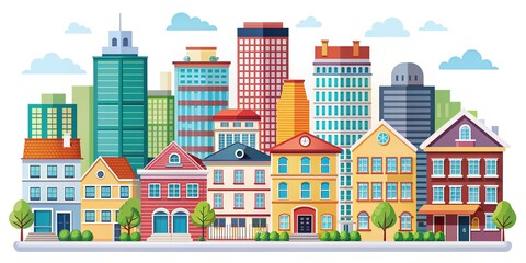 Obraz premium Colorful illustration of various home and building icons, including houses, apartments, offices, and commercial buildings, set against a clean white background.