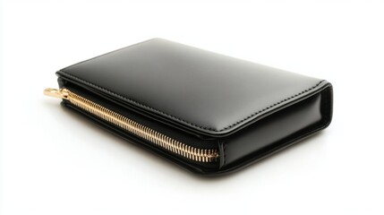 A sleek black leather lady's wallet with a gold zipper, isolated on a white background