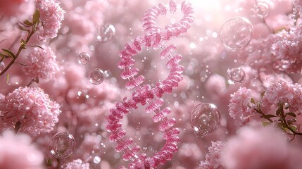 A pink DNA helix gently turning in the air as bubbles float slowly by in a peaceful 3D-rendered scene