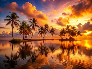 Tropical Island Sunrise glows with soft golden light, warm hues of orange and pink illuminating palm trees, calm waters mirroring the vibrant sky, and endless horizons evoking serenity.