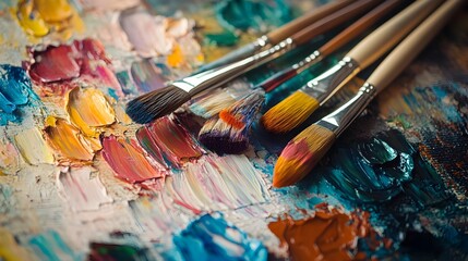 Closeup view of a painter s palette overflowing with a vibrant explosion of colors accompanied by paintbrushes resting nearby