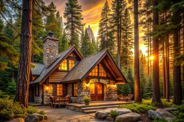 Cozy cabin nestled among towering trees, surrounded by warm golden light, with rustic wooden beams and a stone fireplace, evoking feelings of comfort and tranquility.