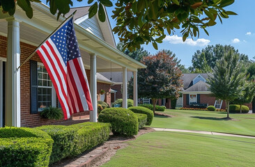 Suburban Home with American Flag on Porch and Manicured Lawn