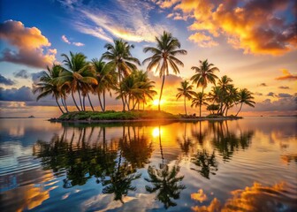 Morning radiance awakens the tranquil island, casting a warm glow on the swaying palms and sparkling waters that mirror the vibrant sky.
