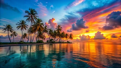 Tropical Island sunrise scene with vibrant hues of orange and pink blending into the turquoise sea, wide horizons stretching far with palm trees silhouetted against the radiant sky.