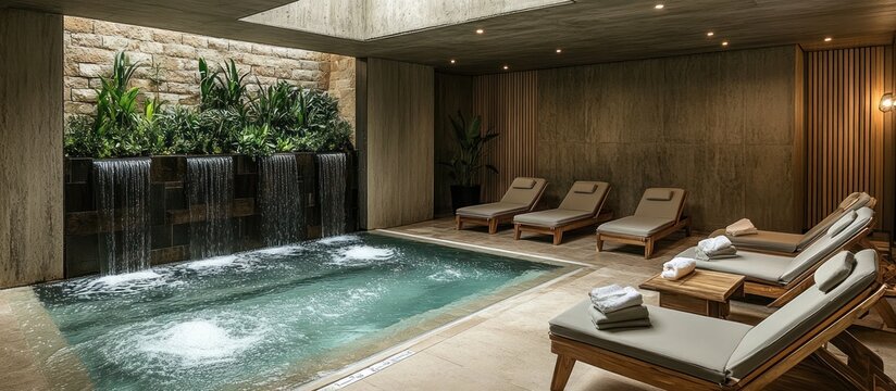 Indoor spa with pool, lounge chairs and a stone wall with cascading water feature.